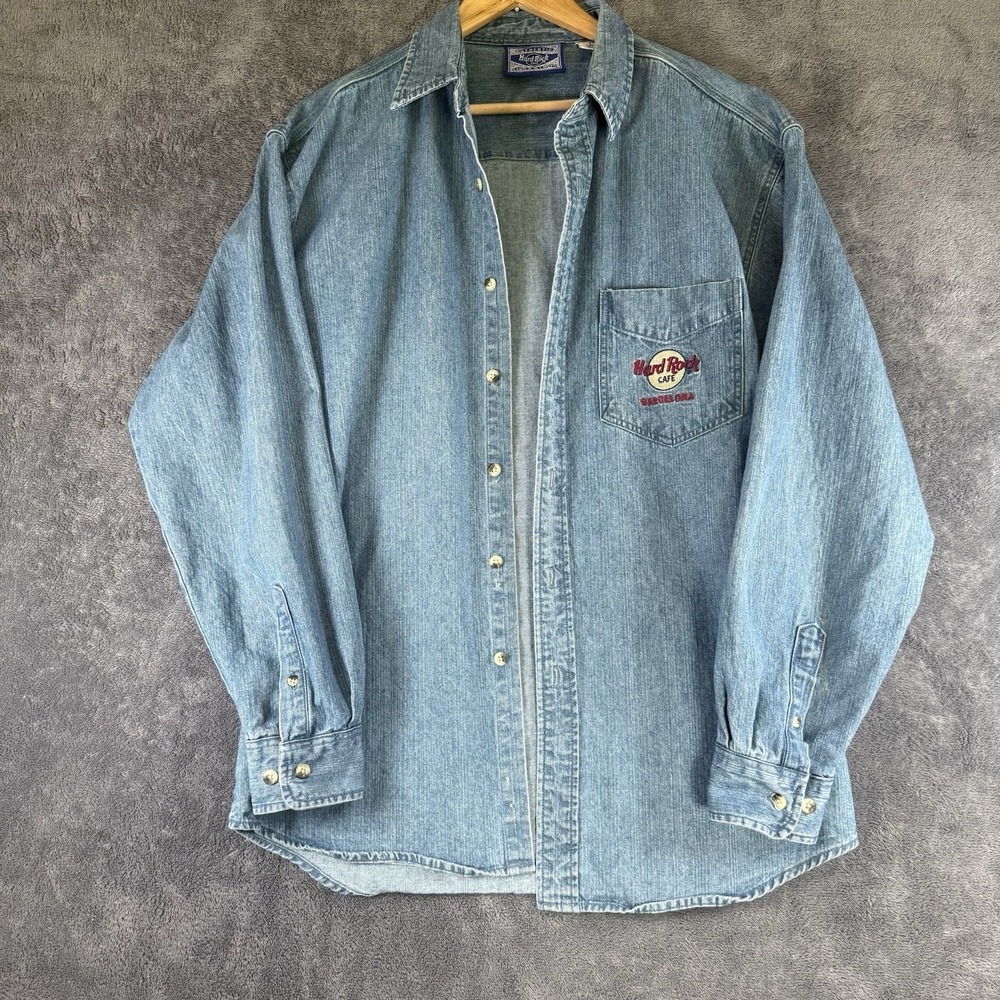 Hard Rock Café Barcelona Denim Shirt Size L Blue Embroidered Guitars L
